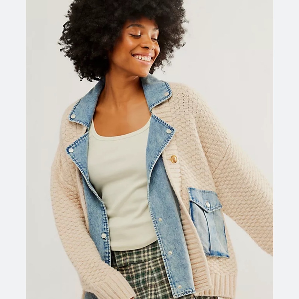 Blank NYC Cream Knit Jacket with Light Blue Denim Trim